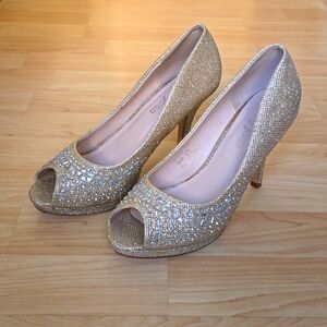 Cathy Jean Rhinestone Patent Glitter Gold Peep Toe Dressy High Heels Size 7.5